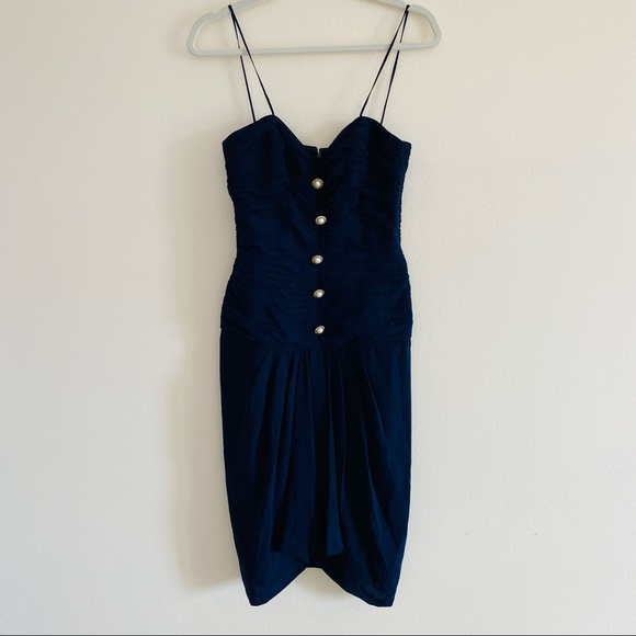 Vintage ST. GILLIAN NAVY BLUE SILK THIN STRAP Mini PARTY DRESS button front - Picture 5 of 7